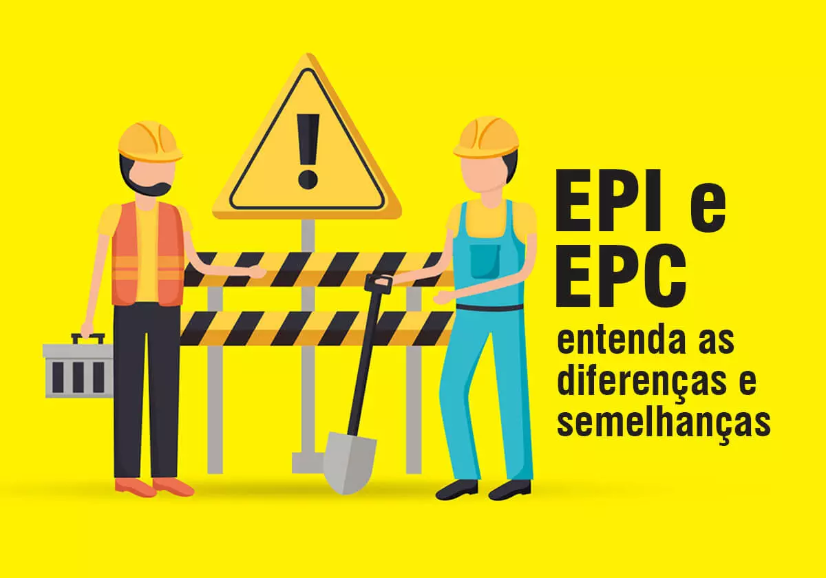 Ilustração sobre EPI e EPC com personagens e sinal de alerta