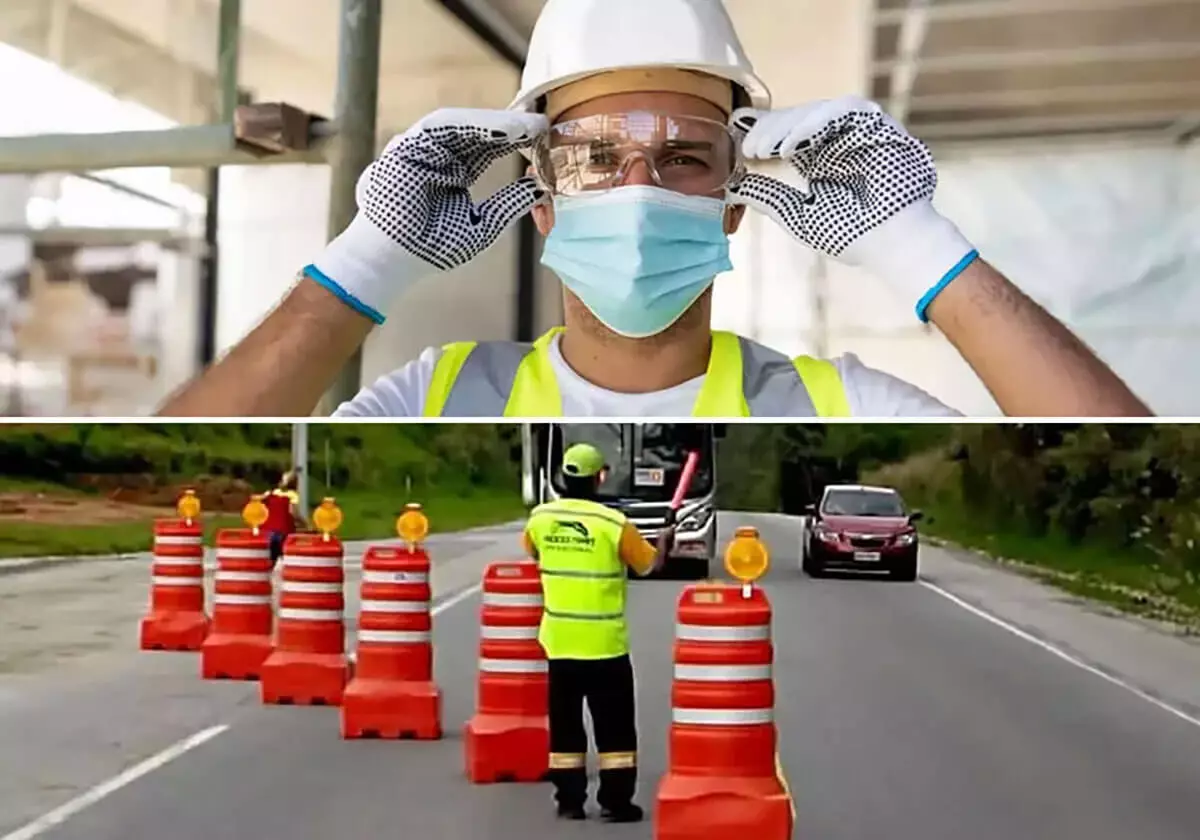 Trabalhador em obra com máscara e óculos de proteção