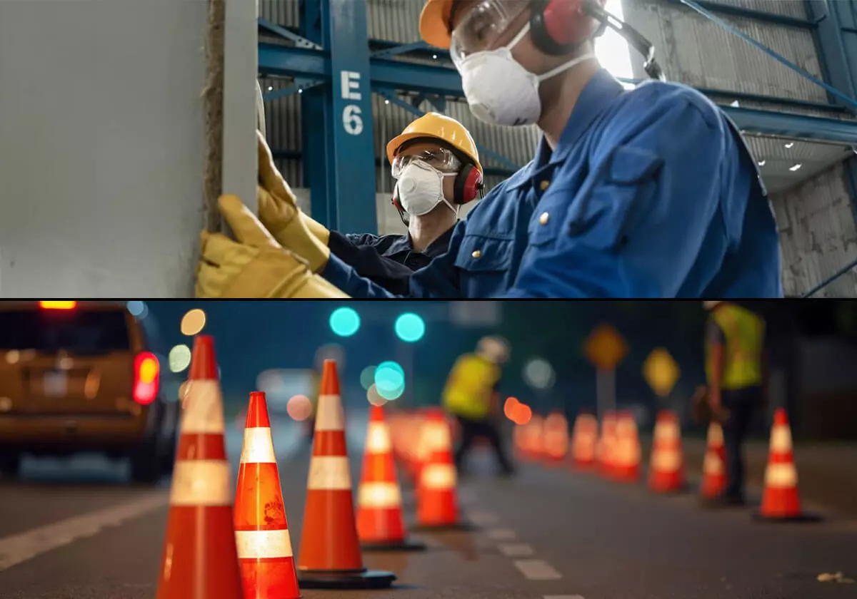 Trabalhadores em construção com cones de sinalização
