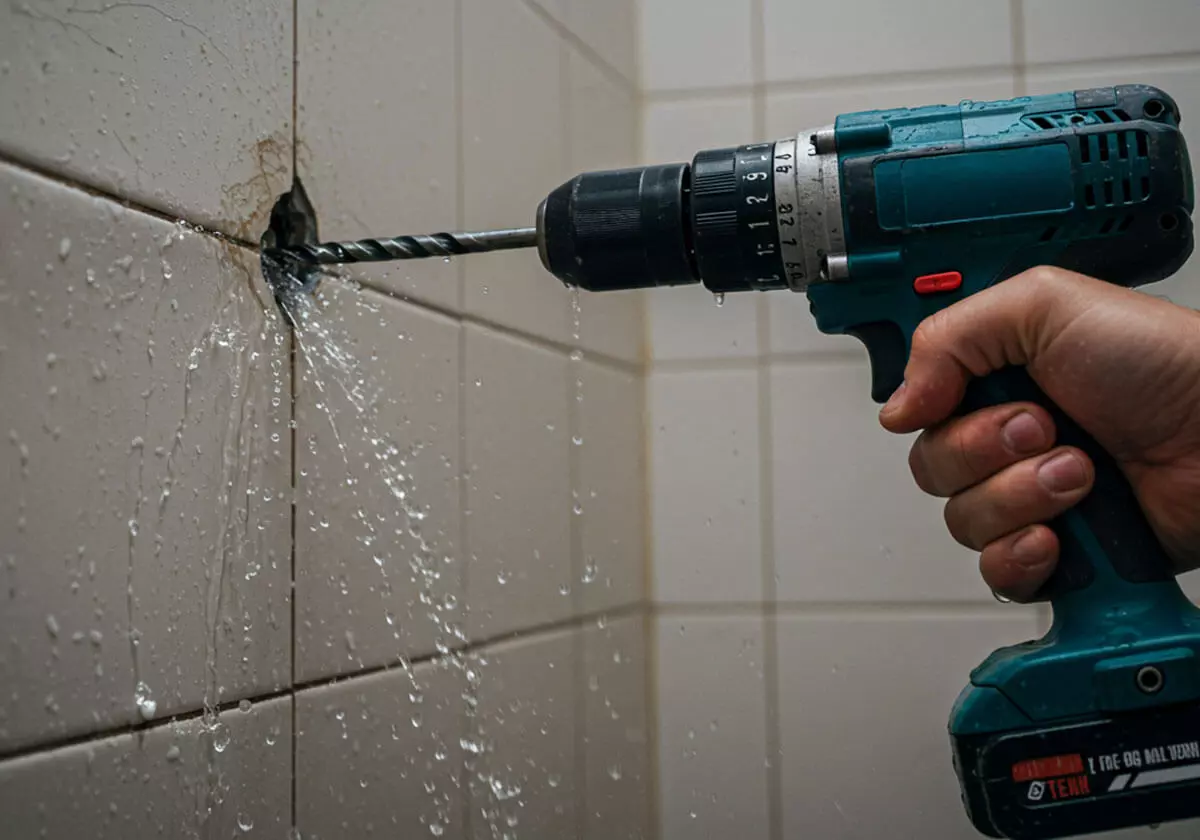 Furo na parede com furadeira liberando água