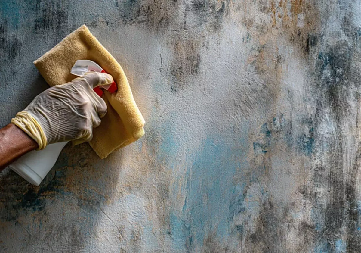 Mão limpando parede com pano e spray